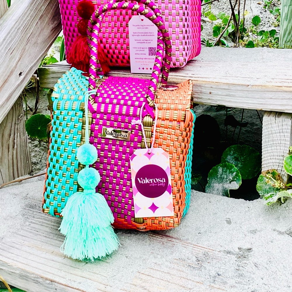 Valerosa Colorblock Woven Satchel Tote Bag in Turquoise, Pink & Orange